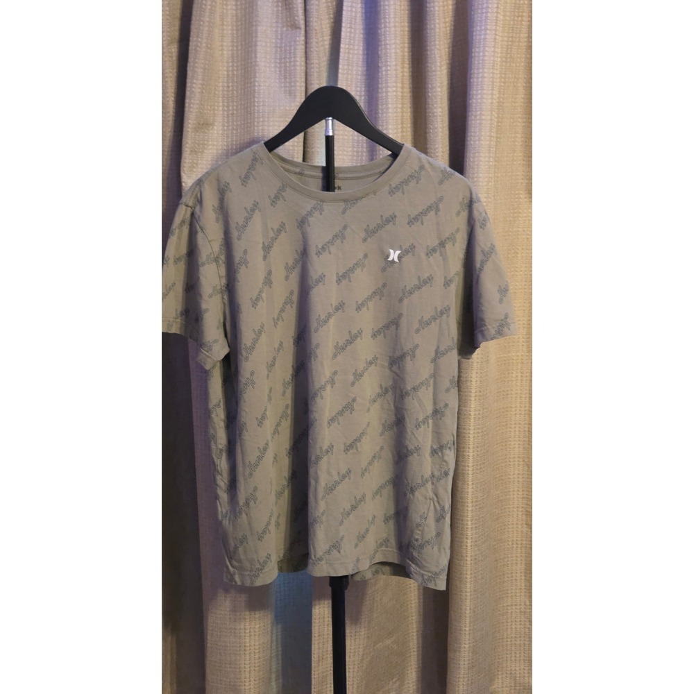 Hurley All Over Script Print Short Sleeve T-Shirt Men's Size Large Gray Navy